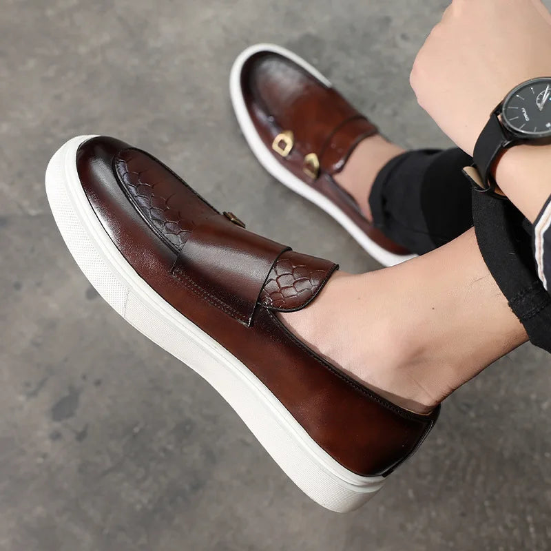 Fashion Men's Casual Shoes Snakeskin Grain Leather Men Retro British Style Loafers Monk Shoes Mens Slip-on Outdoor Driving Flats