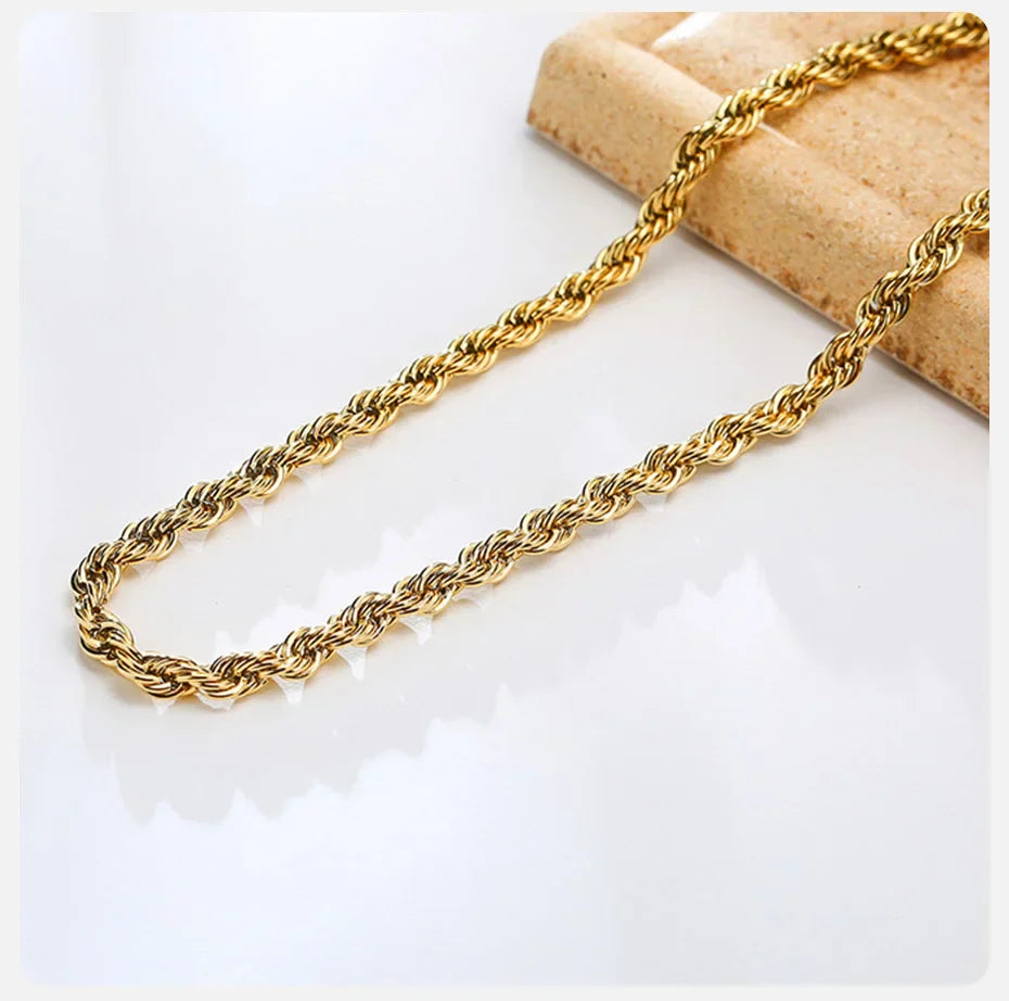 Dainty Gold Color Rope Chain Necklaces for Women Men,Chic Twisted Collar, Waterproof Stainless Steel Link 2/3/4/5mm Width
