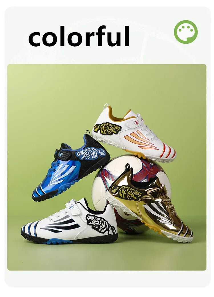 Fashion Gold Children's Football Shoes Outdoor Non-slip Turf Soccer Shoes Kids HOOK&LOOP Low-cut Sports Sneakers Child Trainers