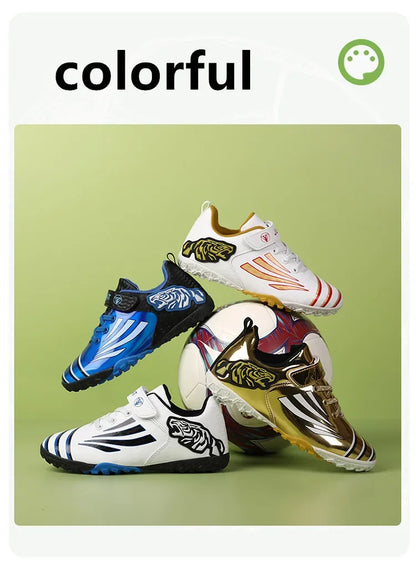 Fashion Gold Children's Football Shoes Outdoor Non-slip Turf Soccer Shoes Kids HOOK&LOOP Low-cut Sports Sneakers Child Trainers