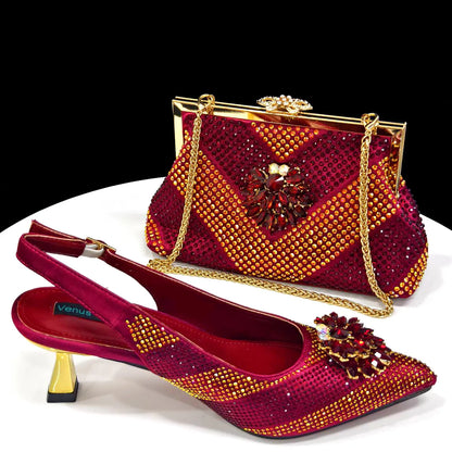 Italian Design Rhinestone Luxury Wine Colour Pointed Toe Shoe & Bag Set Women's High Heels for Parties