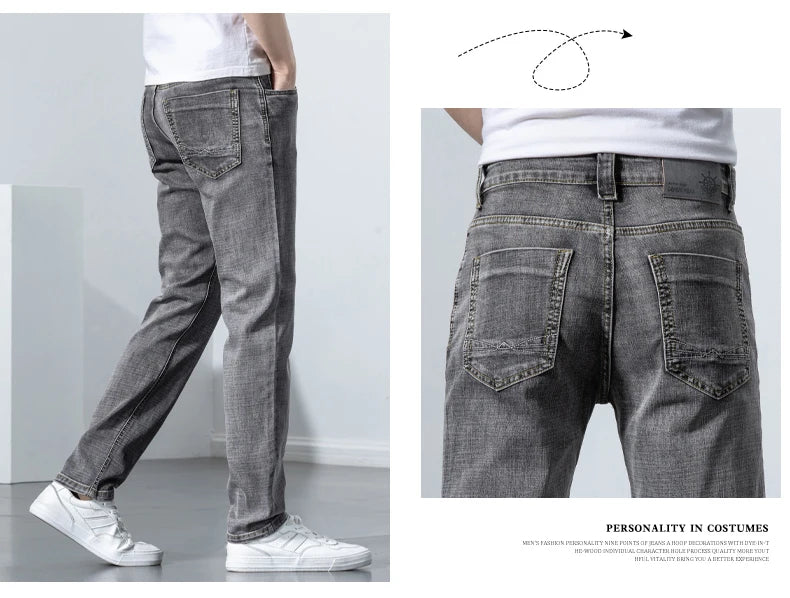 2022 Autumn Spring Fitted Straight Stretch Denim  Classic Style Badge Youth Men's Business Casual Jeans Trousers