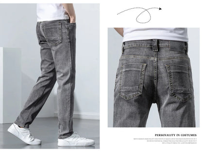 2022 Autumn Spring Fitted Straight Stretch Denim  Classic Style Badge Youth Men's Business Casual Jeans Trousers