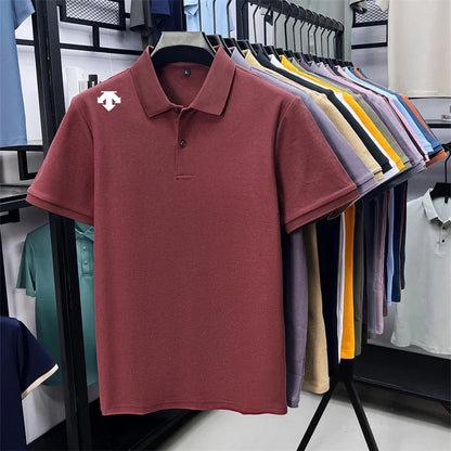 100% men's summer luxury brand polo shirt lapel geometric printing short sleeves t-shirt outdoor leisure men clothing tops