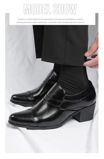 Premium leather men shoes slip on loafers European brand business casual wedding party plaid design height increasing