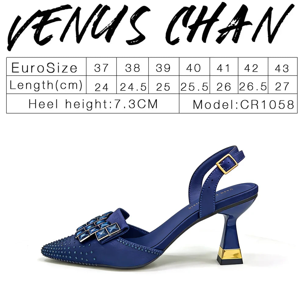 Luxury Mineral Blue Slingback Heels for Women Venus Chan Rhinestone Pointed Toe Pumps Wedding Party Dress Shoes