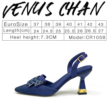 Luxury Mineral Blue Slingback Heels for Women Venus Chan Rhinestone Pointed Toe Pumps Wedding Party Dress Shoes