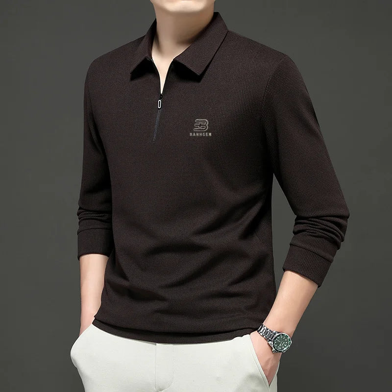 High Quality Polo Shirtspring and Autumn Long Sleeved Men's T-shirt Printed Pattern New Business Casual Solid Color Loos T-shirt