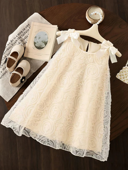 Girls' summer romantic and elegant butterfly knot sleeveless dress with sweet temperament, rose mesh princess dress