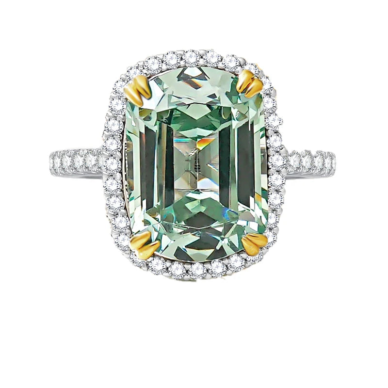 Luxurious light green tourmaline 925 sterling silver ring set with high carbon diamond temperament niche and versatile for women