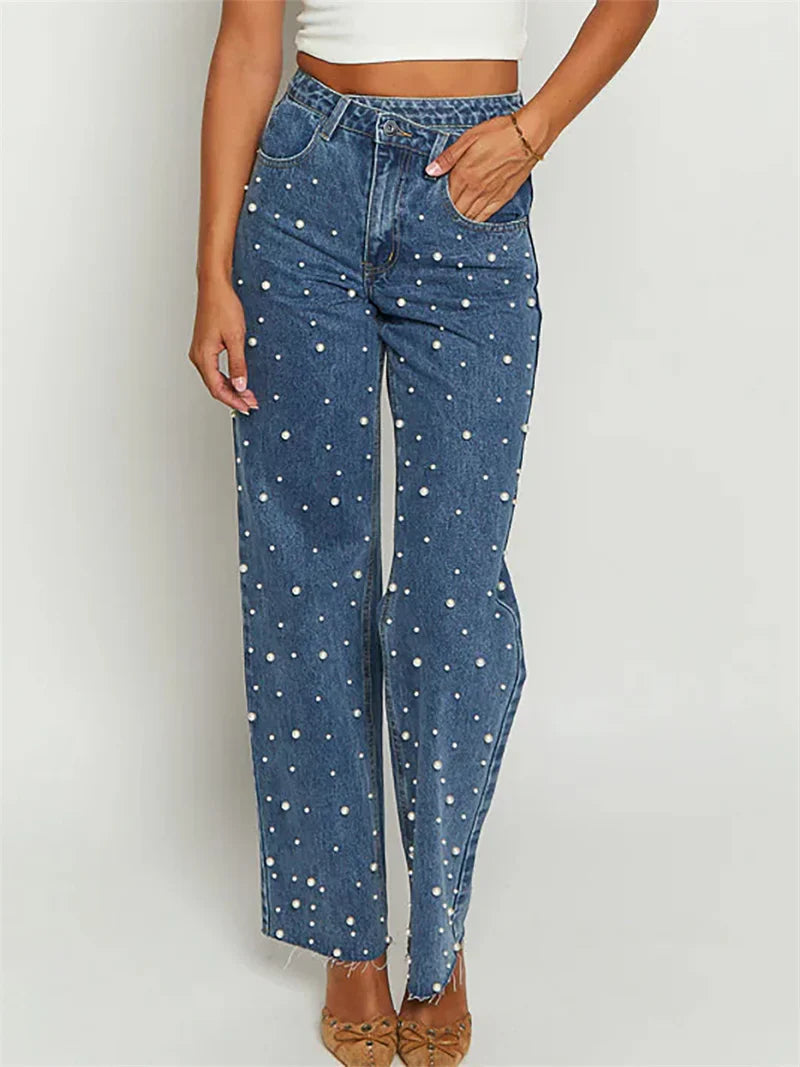 Y2K Fashion Beading Vintage Denim Pants Women