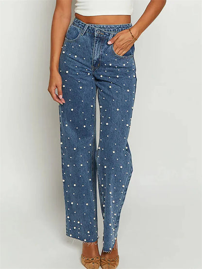 Y2K Fashion Beading Vintage Denim Pants Women