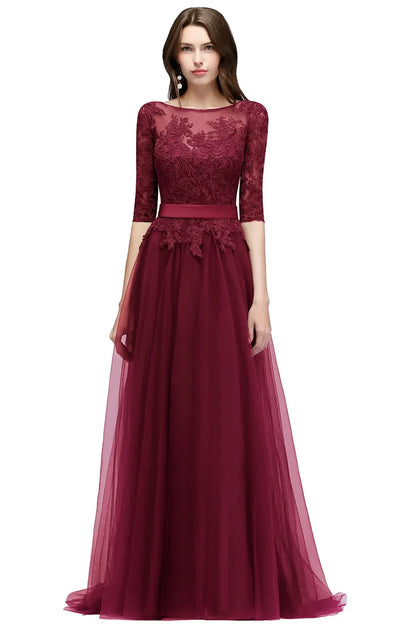 Scoop Neckline Zipper Up Tulle Long Floor-length Dresses Lace Applique Half Sleeve High Split Wedding Evening Party Prom Gowns