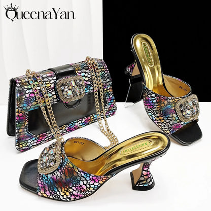 Fashion Newest Arrival Orange Color Square Toe Women Sandals Shoes Matching Bag Set for Ladies Wedding Party Pump