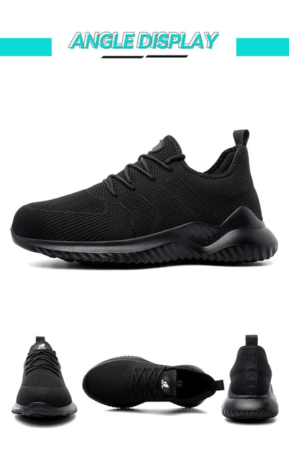 Men‘s Safety Shoes with Steel Toe Puncture Proof Anti-smash Work Sneakers Lightweight Breathable Black Sneakers for Construction