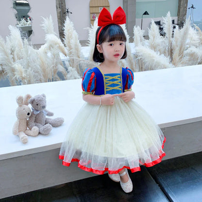 Summer Snow White Dress for Girls Breathable Puffed-Sleeve Tulle Princess Dress Snow White Themed Party Gown Halloween Costume
