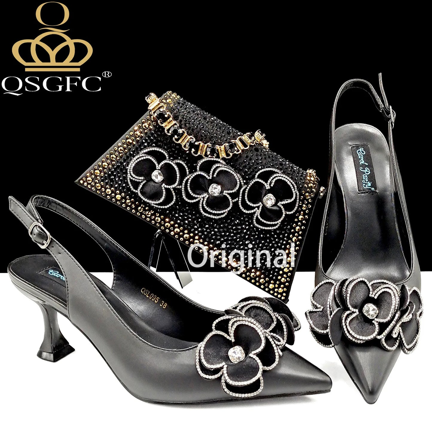 Party Shoes And Bag Ladies Heel Decoration Pure Elegant Flower Wedding Shoes And Bag Full Rhinestone Fashion Handbag