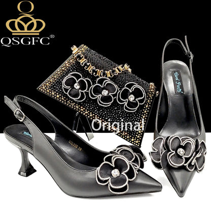 Party Shoes And Bag Ladies Heel Decoration Pure Elegant Flower Wedding Shoes And Bag Full Rhinestone Fashion Handbag