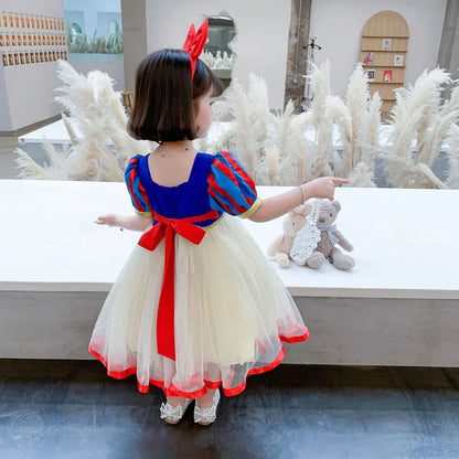 Summer Snow White Dress for Girls Breathable Puffed-Sleeve Tulle Princess Dress Snow White Themed Party Gown Halloween Costume