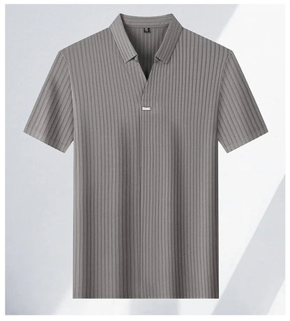 High quality personality texture stripe short sleeve polo shirt summer ice silk breathable buttonless men's solid color T-shirt
