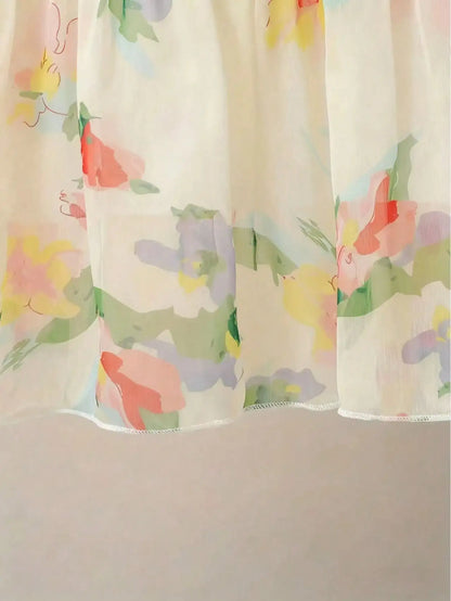 Girls' Floral Chiffon Princess Dress Summer Chic Boho Style Knee-Length with Bow Detail Perfect for Beach And Parties