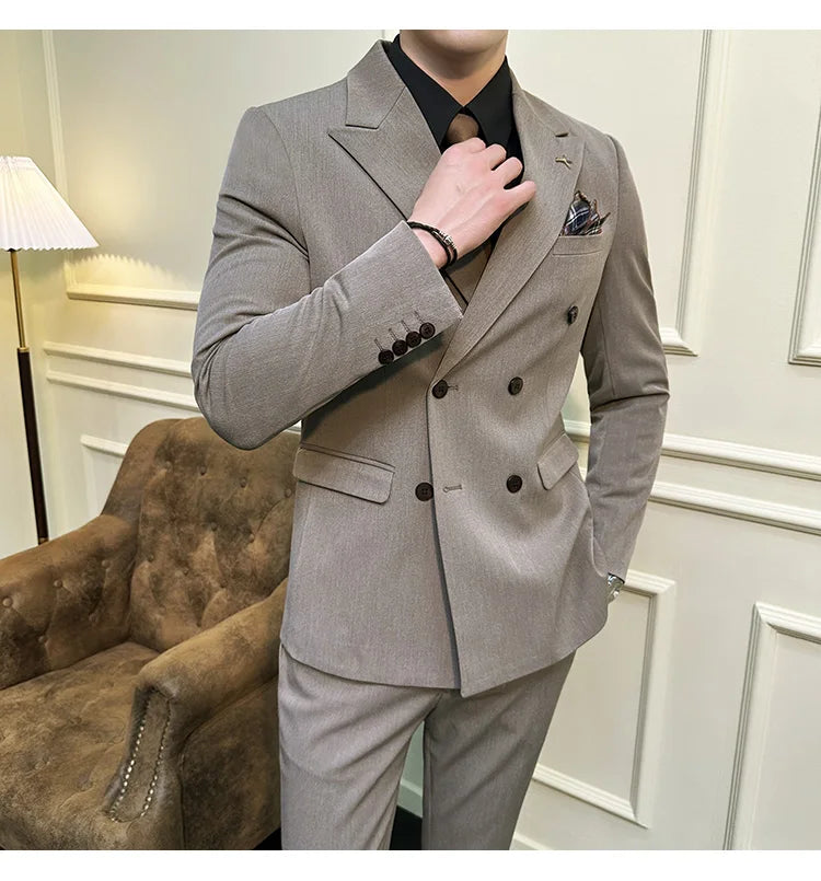 ( Blazers + Pants ) Boutique Fashion Solid Color Double-breasted Men's Casual Business Slim Suit 2-piece Set Groom Wedding Dress