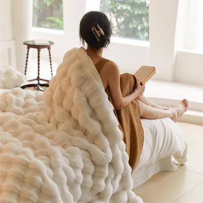 Cozy Rabbit Hair Bubble Velvet Blanket for Napping Soft Fuzzy Plush Bed Cover Sofa Throw Blanket All Season Warmth