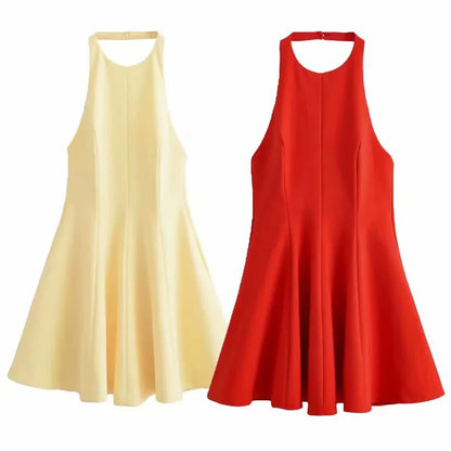 Halter Short Dress Womens Dresses Red Yellow Dress Woman Summer 2025 Ruffled Backless Sleeveless Vestidos Elegant Dress 066