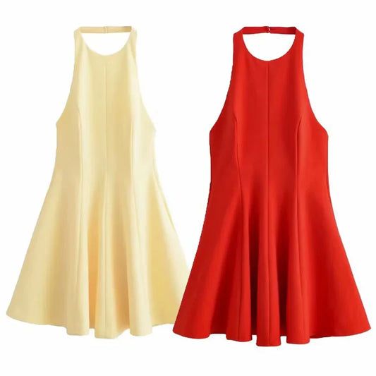 Halter Short Dress Womens Dresses Red Yellow Dress Woman Summer 2025 Ruffled Backless Sleeveless Vestidos Elegant Dress 066