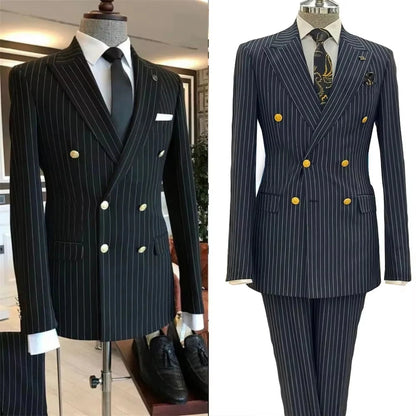 Men's 2 Piece Striped Suit Set Golden Double Breasted Lapel Jacket Elastic Pants Wedding Party Prom Dinner Travel 2026 New