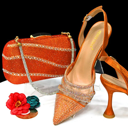Newest INS Style Orange Color Elegant High Heels Nigeria Popular Design African Ladies Shoes And Bag Set