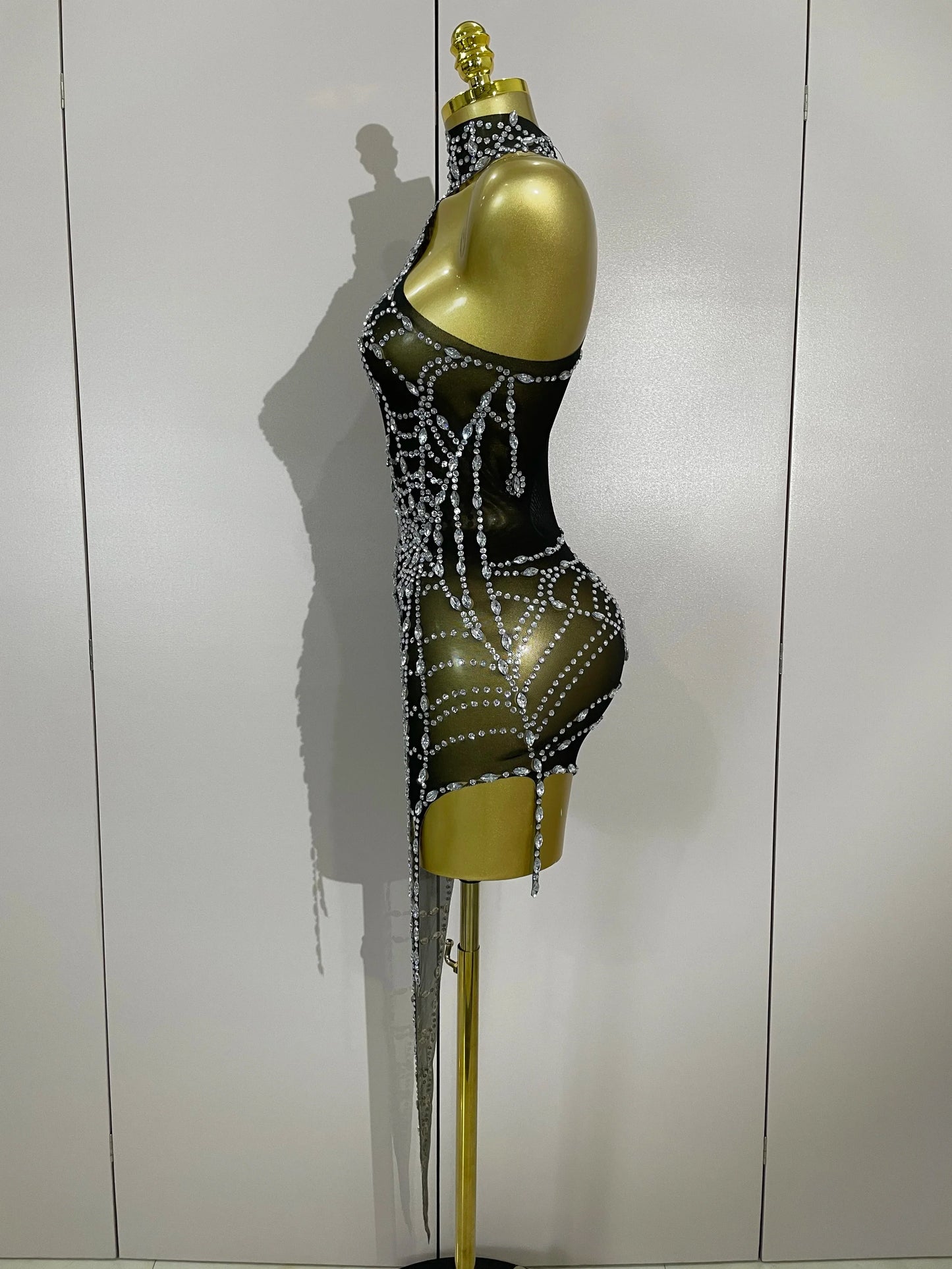 Sparkly Diamond Sexy Mesh Asymmetric Bodycon Mini Dress Women Nightclub Bar Party Show Gogo Dancer Clothing Stage Costume
