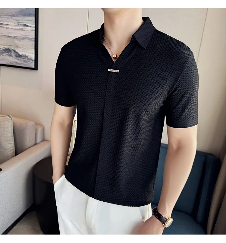 High-Grade Ice Silk Seamless Adhesive Polo Shirt, High-Elastic V-neck Thin Waffle Short-Sleeved Golf Shirt, T-shirt