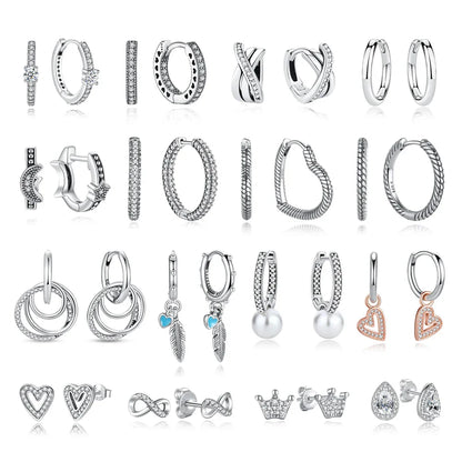 Original 925 Sterling Silver Earrings 2025 Stud Hoop Crystal Earings For Women Rose Gold Crown Heart Infinity Bee Earing Jewelry