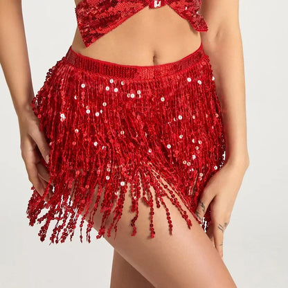 Sexy Sequins Tassel Dancewear Mini Skirt Women Clothes Jupe Femme Belly Dance Skirts Ladies Faldas Performance Stage Bottom Saia