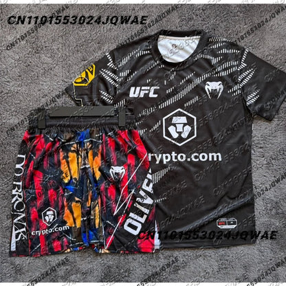 Charles Oliveira UFC Boxing Fighting Training Tee ShortsMen Breathable Speed Drying jersey Wrestling Running Sweat Absorbing Set