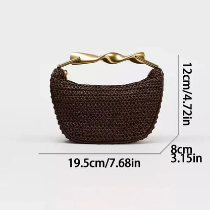 Metal Handle Straw Bags for Women Half Moon Rattan Woven Chain Shoulder Bag Bohemian Travel Beach Bag Designer Crossbody Handbag
