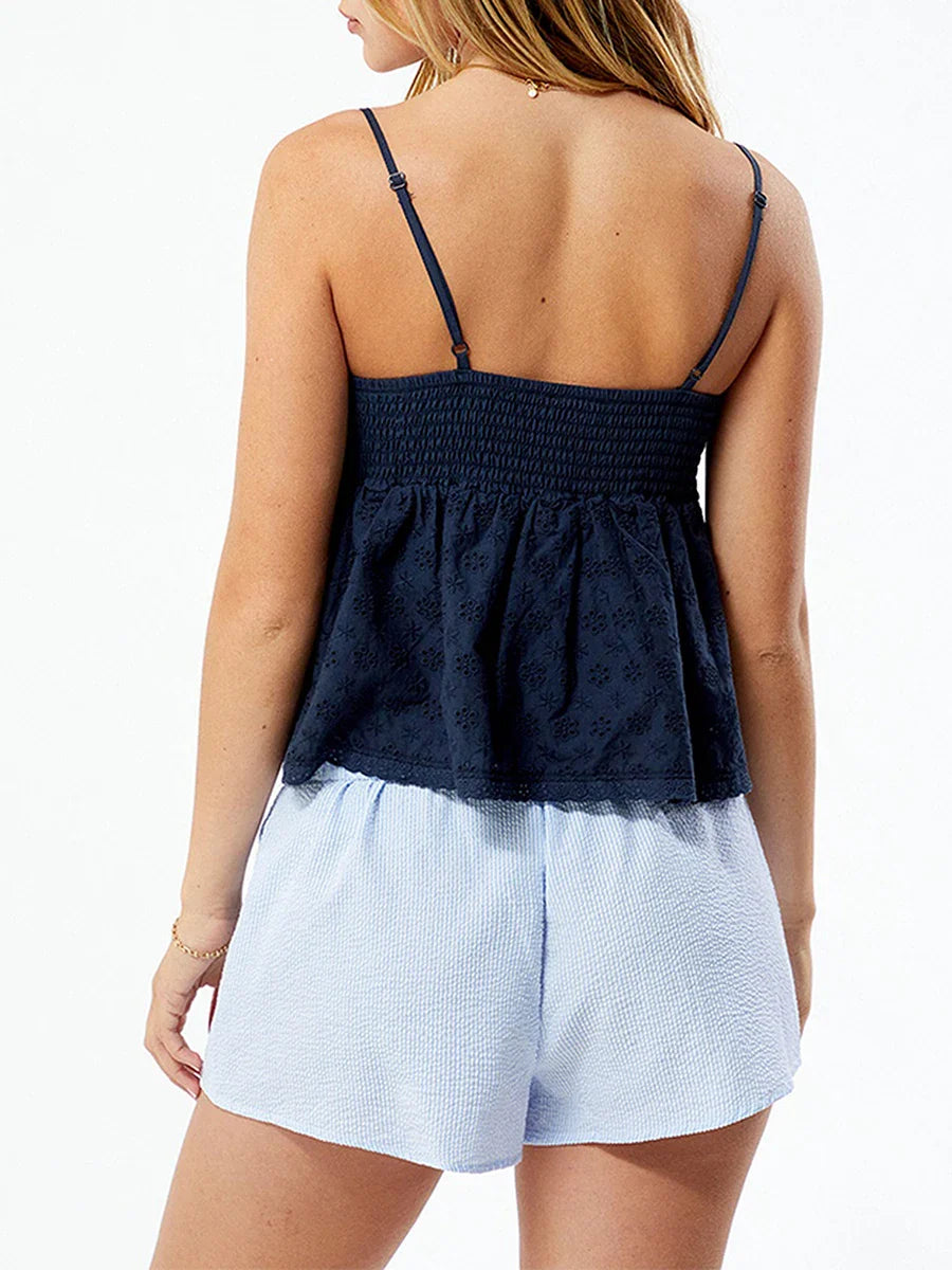 Women Eyelet Lace Trim Smocked Ruffle Cami Sleeveless Tank Top 2024 Summer Square Neck Spaghetti Strap Pleated Peplum Shirt y2k