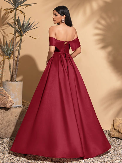 Off-the-shoulder satin dress with back tie, elegant and chic dress