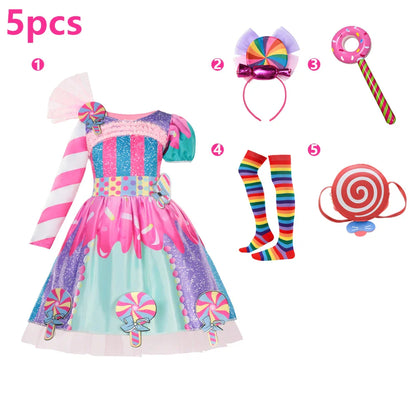 Children's Candy Dress Candy Princess Cosplay Costume Purim Carnival Party Fancy Dress Dress with Candy Hat Suit Prom Costume