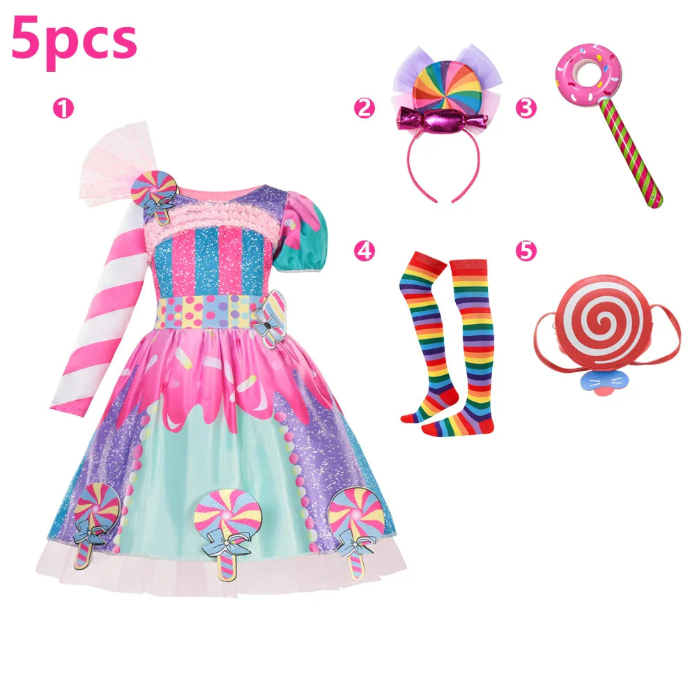Children's Candy Dress Candy Princess Cosplay Costume Purim Carnival Party Fancy Dress Dress with Candy Hat Suit Prom Costume