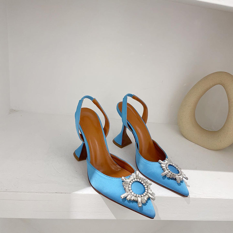 Aneikeh Marca Feminina Salto Alto de Seda Luxuoso Salto Alto com Laço de Borboleta de Cristal Sapatos Pontudos de Verão Salto Triângulo Sapatos de Noiva