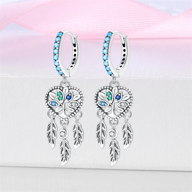 New in 925 Silver Romantic Feather Moon Stars Dream Catcher Earrings For Women Trending Fashion Jewelry Creative Birthday Gifts