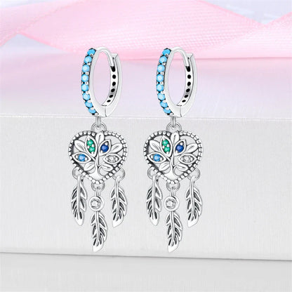 New in 925 Silver Romantic Feather Moon Stars Dream Catcher Earrings For Women Trending Fashion Jewelry Creative Birthday Gifts