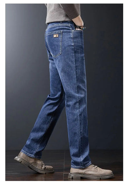 Men's Soft Stretch Straight Jeans Business Casual Slim Fit Wash Denim Pants Korean Fashion Blue Gray Male Brand Trousers