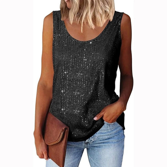 Ladies' Sequin Loose U-Neck Sleeveless Glitter Tops Fashion Solid Color Tank Tops For Daily Wear Performance Costume