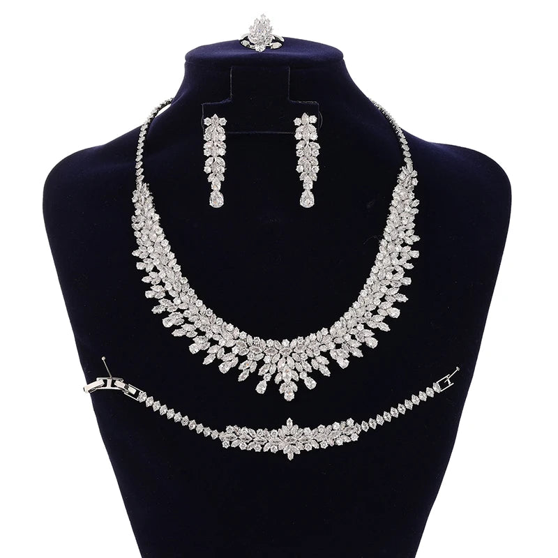 Conjuntos de joias de zircônia nupcial para mulheres, festa, luxo, colar, pulseira, brincos, anéis, casamento, BN8132, presente de aniversário