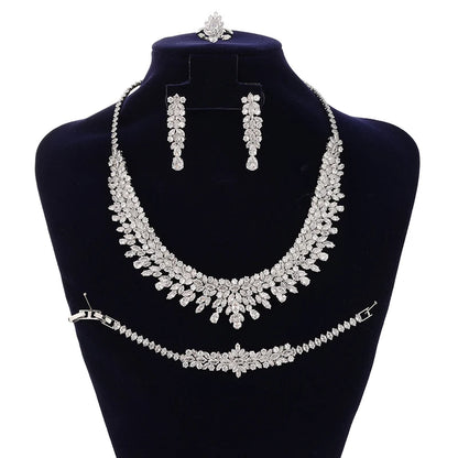 Conjuntos de joias de zircônia nupcial para mulheres, festa, luxo, colar, pulseira, brincos, anéis, casamento, BN8132, presente de aniversário