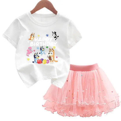 2Pcs/Set Girl Dress Kid Birthday Clothes Party Princess Dress Cartoon T-shirt+Tutu Skirt Summer Evening Christmas Gift