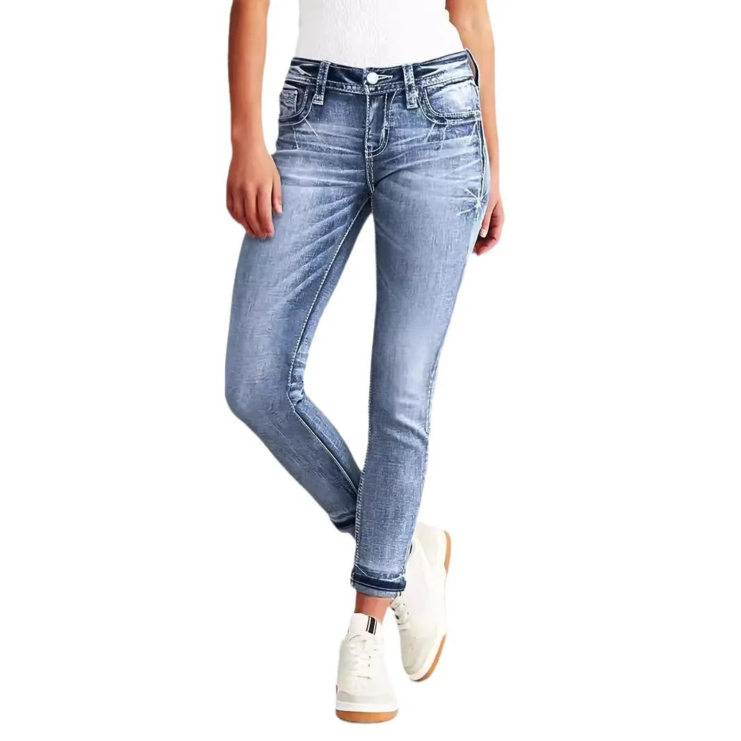 Women High Waist Vintage Stretch Denim Pencil Pants